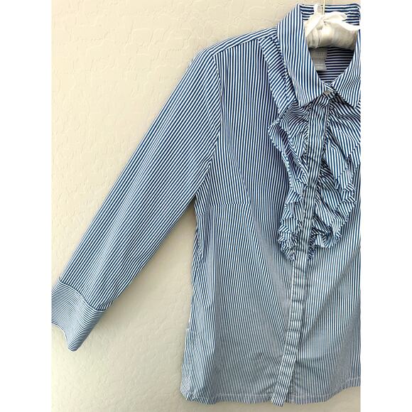CHICO’S Striped Blue White Ruffle Front Button Down Blouse Tunic | Size 1 Medium - Picture 3 of 6